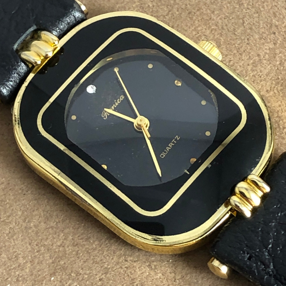 Vintage Ronica Black and Gold 18K GP Wrist Watch